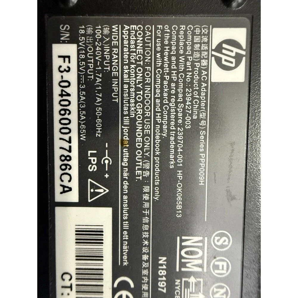 Genuine OEM HP 65w AC Power Supply Adapter Charger PPP009D / PPP009H 18.5V-3.5A
